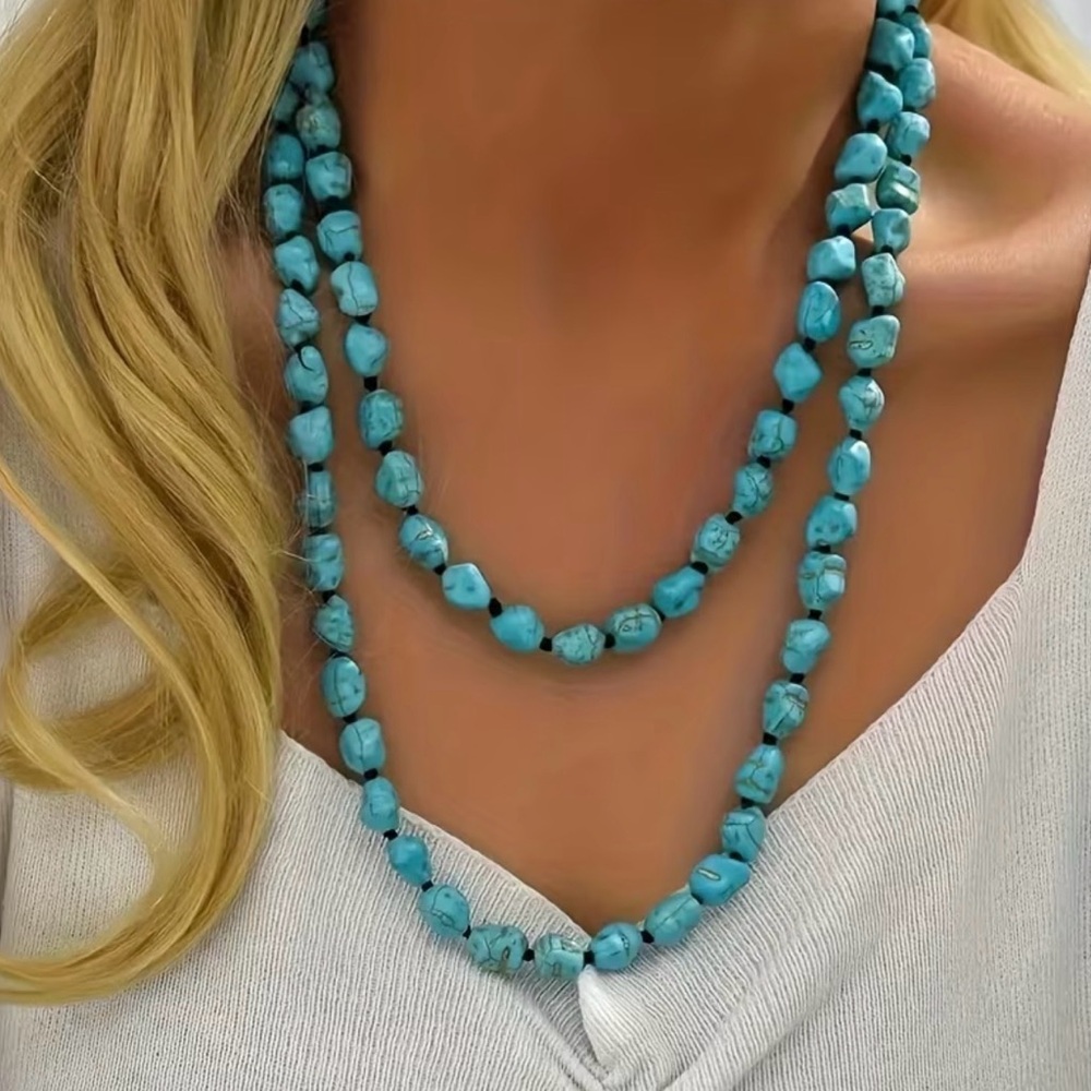NWT Boho Double Layer Turquoise Nugget Beaded Strand Necklace Chic 45” Long